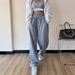 Women's High-Waisted Lounge Pants Loose Fit Casual Sweatpants Elastic Waist Soft Polyester Streetwear Essentials Light Grey S-2XL_ecoleips.com