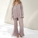 Women's Clothing Solid Color Pleated Long Sleeved Lapel Cardigan Shirt Slit Pajamas Two Piece Suit_ecoleips.com