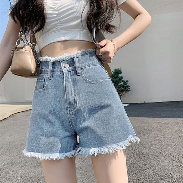 2025s 803 Casual Wide-Leg Denim Shorts For Women, Summer High-Waisted Versatile Petite Slimming Trendy Ins Style Frayed A-Line_ecoleips.com