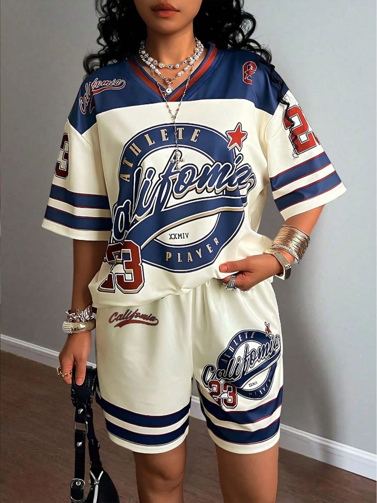 Trendy Letter Graphic V-Neck Short Sleeve And Shorts Lounge Set For Women, Casual Two-Piece Outfit_ecoleips.com