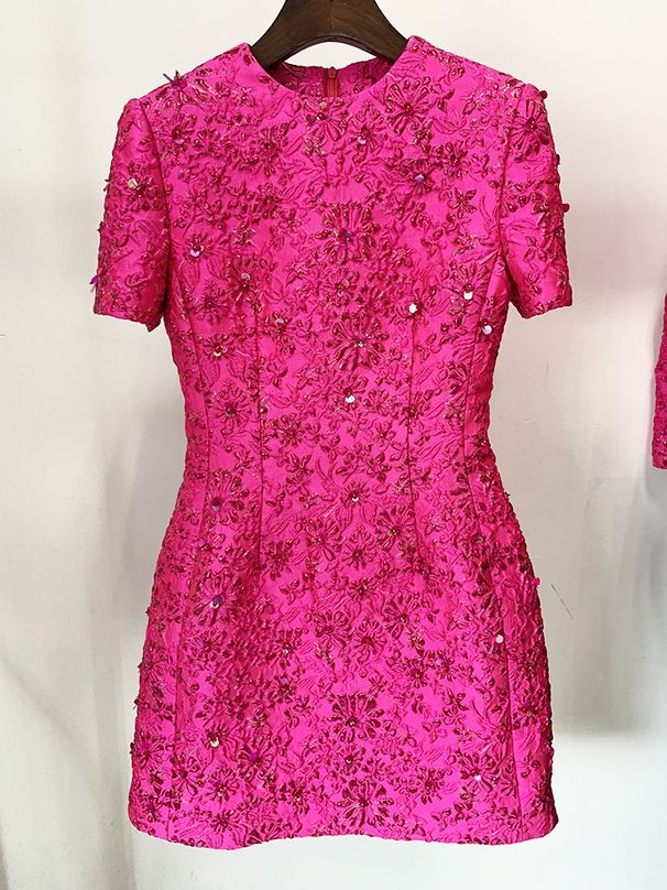 K New European And American Celebrity Fashion Rose Pink Series Heavy-duty Nail Bead Short Sleeved Dress_ecoleips.com