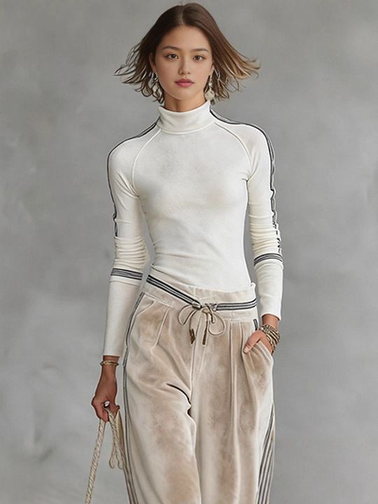 Women's Korean Style Winter Sportswear Set High Neck Zipper Top Wide Leg Pants White S-XXXL_ecoleips.com