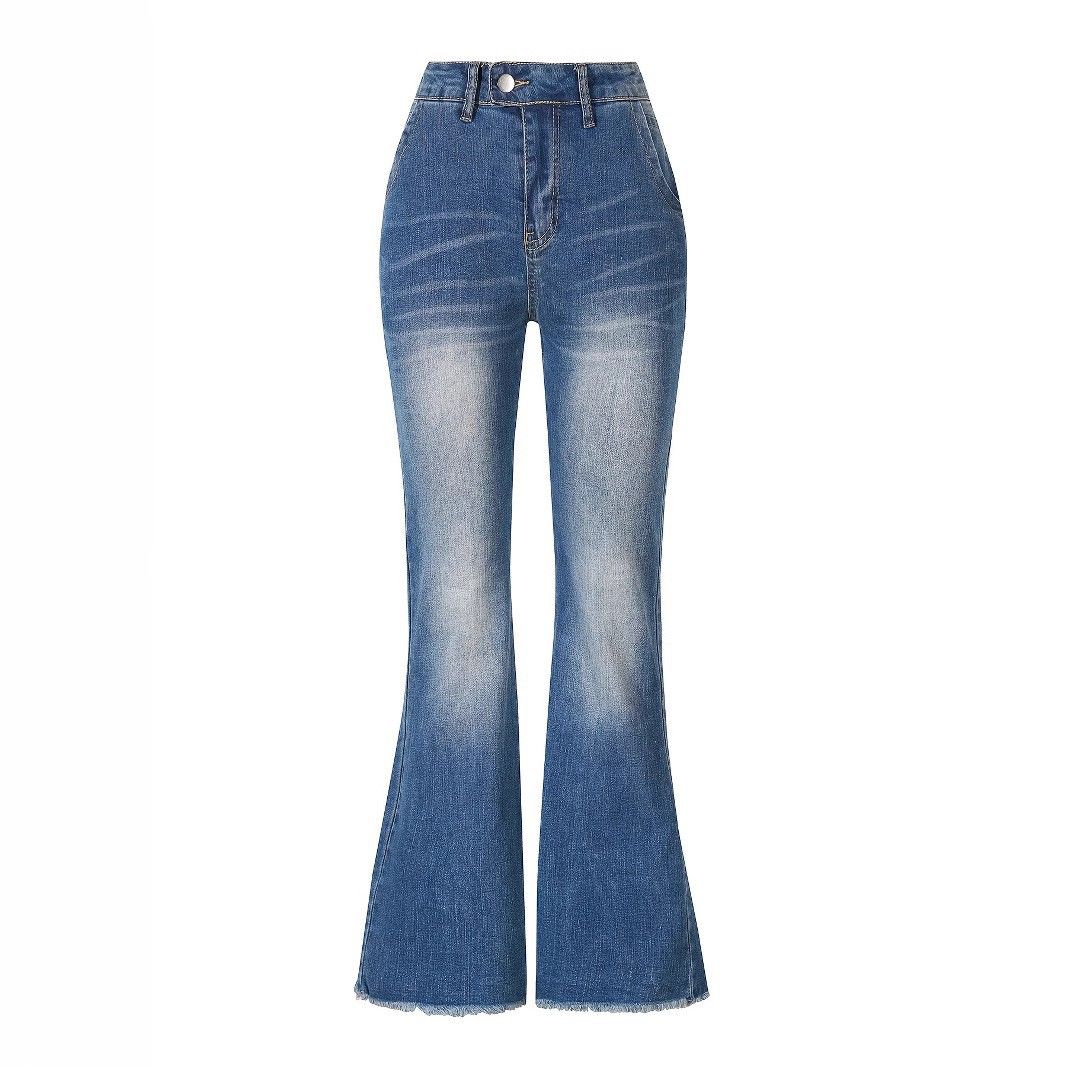 Women's Stretchy Distressed Jeans European American Style Cross Border Whiskers Slightly Flared Casual Denim with Frayed Edges_ecoleips.com