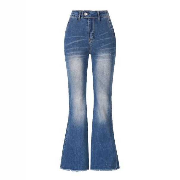 Women's Stretchy Distressed Jeans European American Style Cross Border Whiskers Slightly Flared Casual Denim with Frayed Edges_ecoleips.com