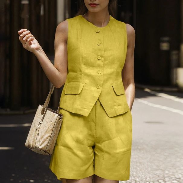 Women's Clothing Summer Sleeveless Vest Suit Women Office Short Suit Vintage Pocket Shorts Holiday 2 Piece Set_ecoleips.com