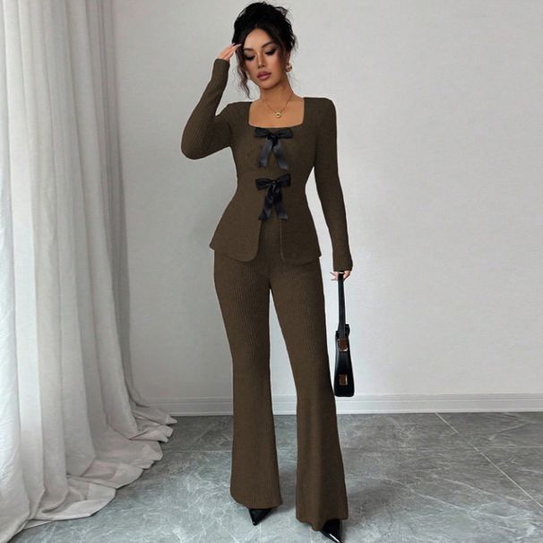 Women's Slim Fit Trousers Set Style Fashion Bow Long Sleeved Top Casual_ecoleips.com
