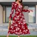 Women's Plus Size Elegant Floral Dress Long Sleeve V‑Neck With Adjustable Tie‑Up Waist‑Cinch Design_ecoleips.com
