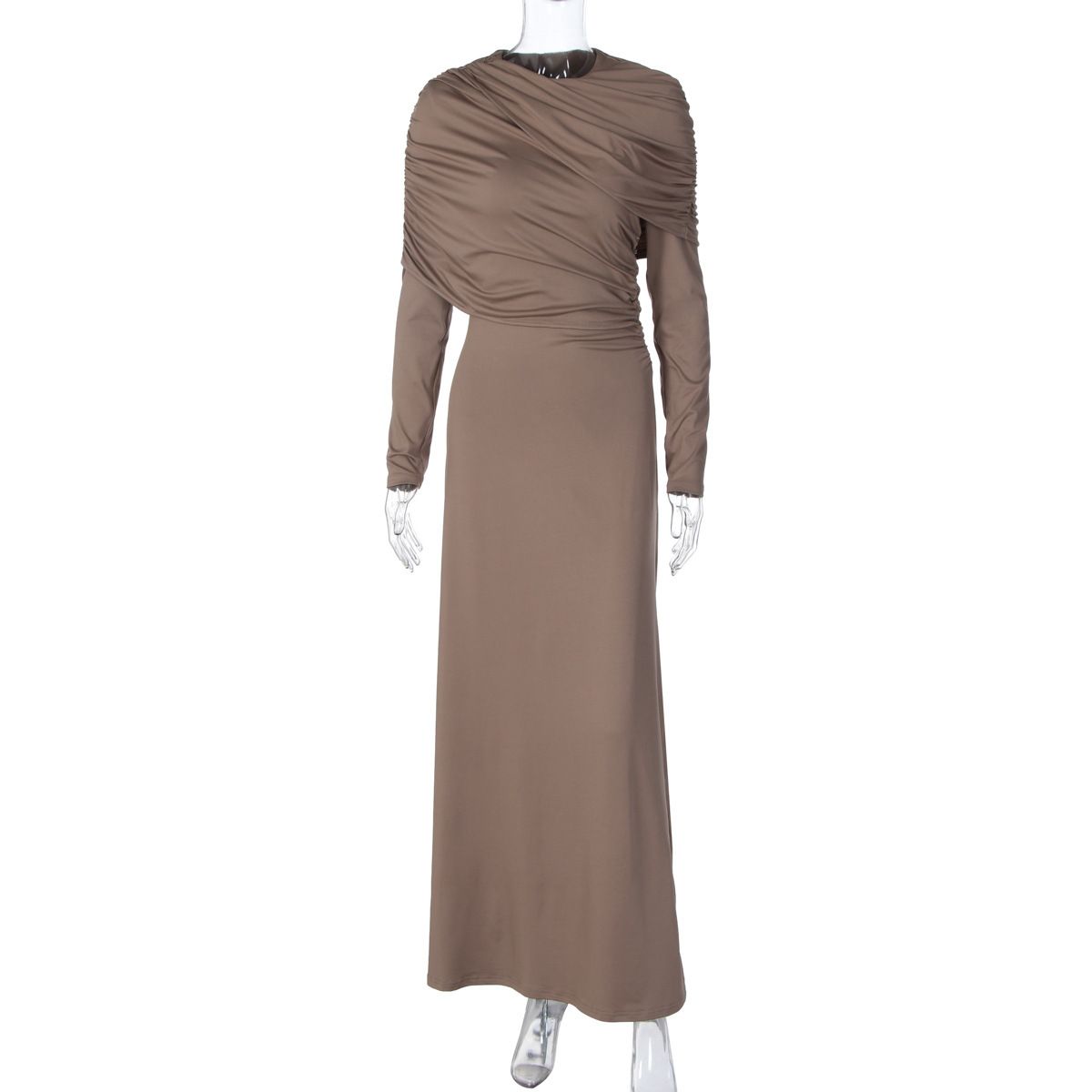 2025 Autumn New Fashion Elegant Slim Fit Wrinkled Irregular Solid Color Long Sleeve Dress Wholesale_ecoleips.com