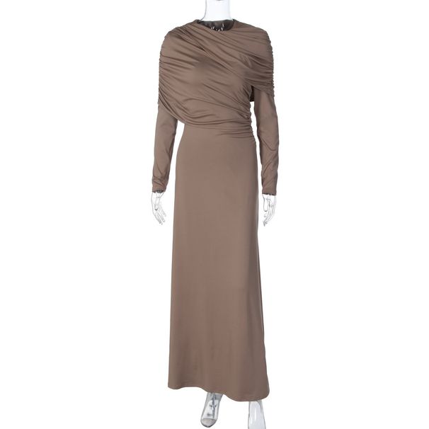 2025 Autumn New Fashion Elegant Slim Fit Wrinkled Irregular Solid Color Long Sleeve Dress Wholesale_ecoleips.com