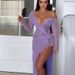 Women's Clothing V Neck One Shoulder Mid Waist Slit Flower Long Sleeved Slimming Evening Dress_ecoleips.com
