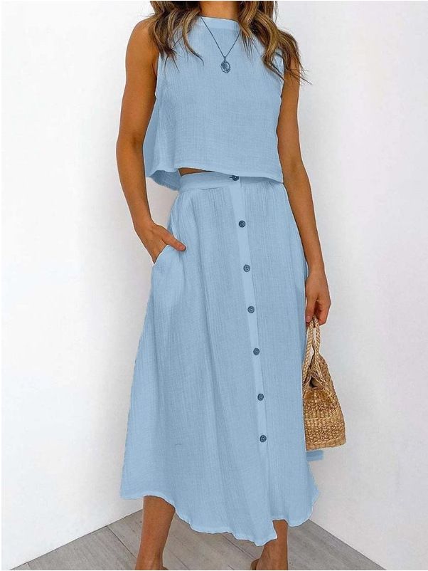 Women's Clothing New Double Layer Zoubu Round Neck Vest Shirt Mid Length Button Down Dress Two Piece Suit_ecoleips.com