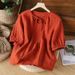 Summer Collar With Tie; Solid-Color Lantern-Sleeved Cotton-Linen Short-Sleeved Top For Women Loose-Fitting, Casual, Ar_ecoleips.com