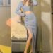Elegant Sexy Knit Two Piece Dress Set For Women Fall Winter Long Sleeve V Neck Cropped Wrap Top Button Split Hem Skirt Dress_ecoleips.com