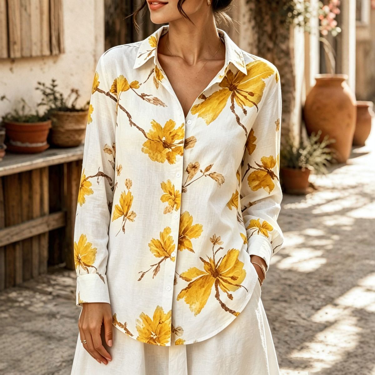 Women's Retro Ink Painting Print Lapel Loose Long Sleeve Blouse Breathable New_ecoleips.com