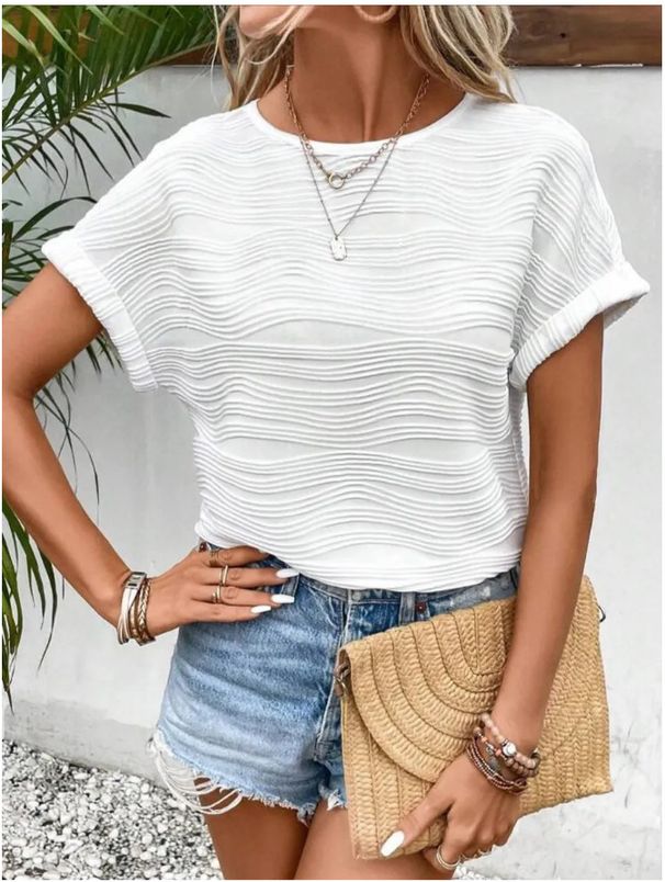 Women's round Neck Ribbed T-Shirt Short Sleeve Loose Fit Slimming Casual Knit Top European American Style Summer Versatile_ecoleips.com