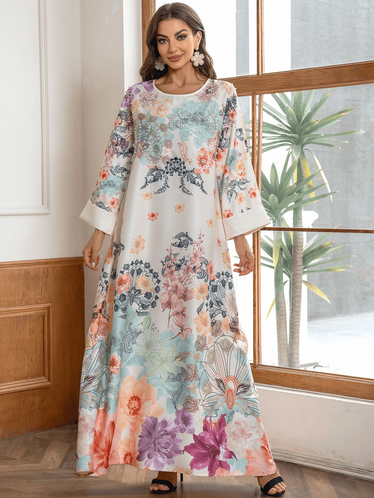 Women's Clothing Muslim Robe Fashion Light Luxury Nail Diamond Cannon Beads Floral Print Ladies Dress_ecoleips.com