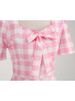 Pink Plaid Swing Party Dresses Women Elegant Vintage Square Collar Short Sleeve Casual Summer Dress_ecoleips.com