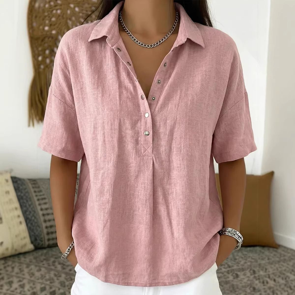K New Women's Loose And Comfortable Collared Short Sleeved Solid Color Shirt_ecoleips.com