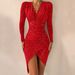 2025 Women's Sexy V-neck Solid Color Gold Foil Sequin Ruched Irregular Hem Dress Gown_ecoleips.com