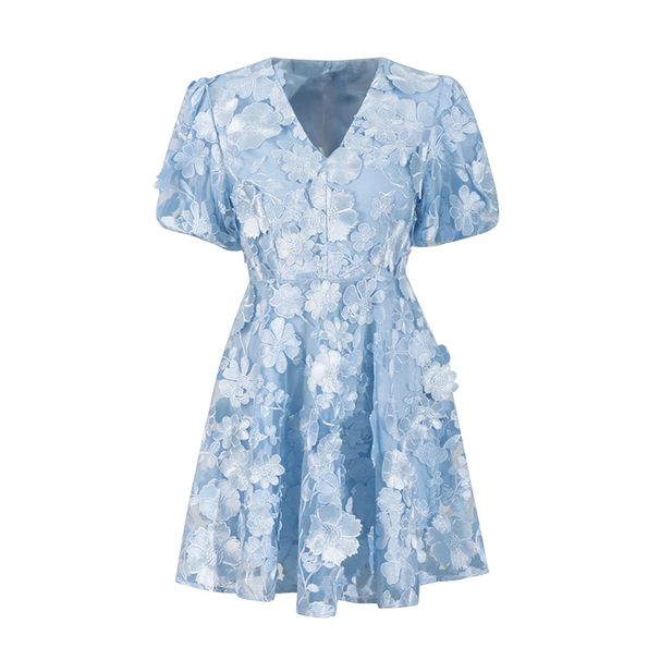 Women's Clothing Celebrity Temperament Dress Autumn And Winter Water Soluble Flower Puff Sleeves High Grade Three Dimensional Flower Dress_ecoleips.com