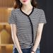 Striped Short-Sleeved T-Shirt For Women, Featuring A V-Neck Design; Comfortable And Stylish For Summer Wear. Available I_ecoleips.com