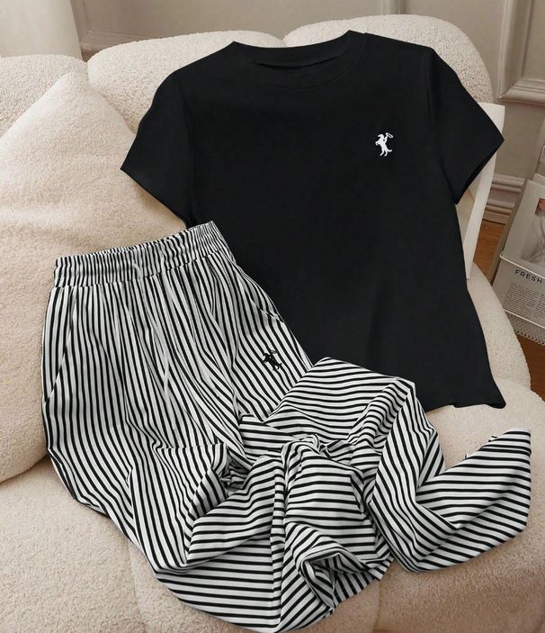 Women's Clothing Women's Short Sleeve Set Female Knight T-Shirt And 3D Casual Striped Pants Two-Piece Style For Formal & Casual_ecoleips.com
