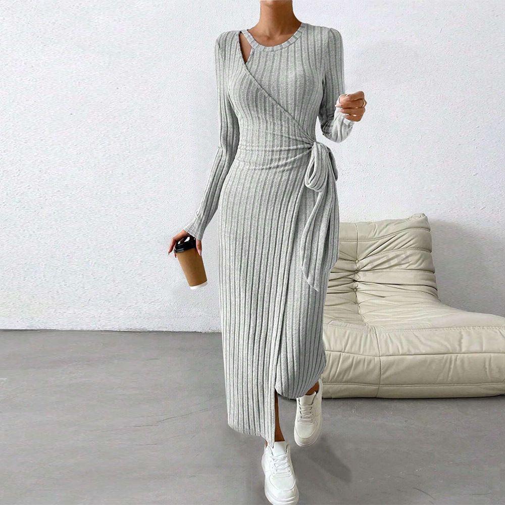 Voya Popular Women's Knitted Gray Dress With Sexy Temperament, Spicy Girl Irregular Long Skirt_ecoleips.com
