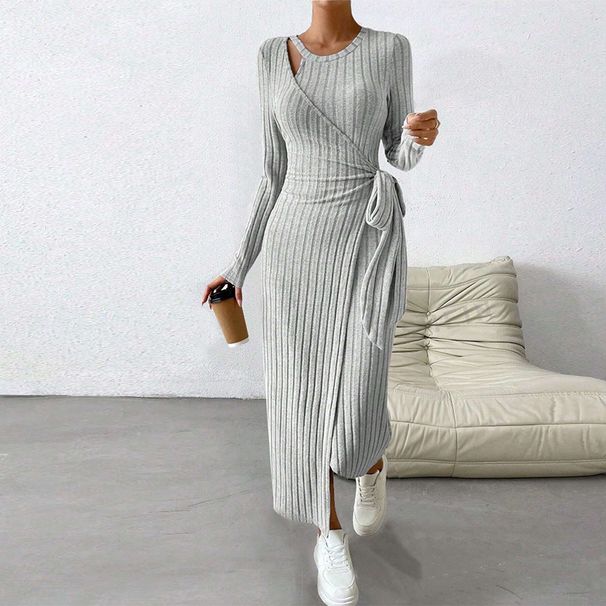Voya Popular Women's Knitted Gray Dress With Sexy Temperament, Spicy Girl Irregular Long Skirt_ecoleips.com