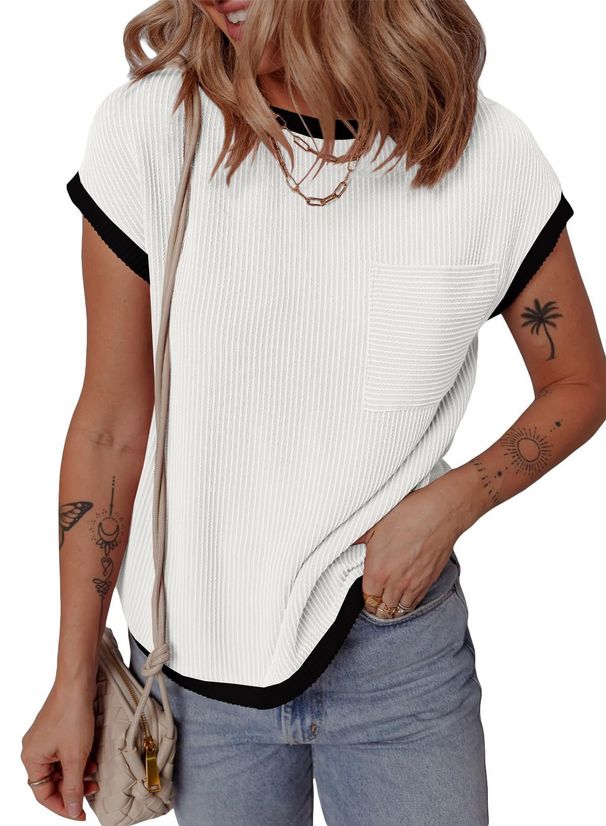 2026 Women's Short-sleeved T-shirt Basic Ribbed Knitted T-shirt Spring And Summer Casual Outing Top_ecoleips.com