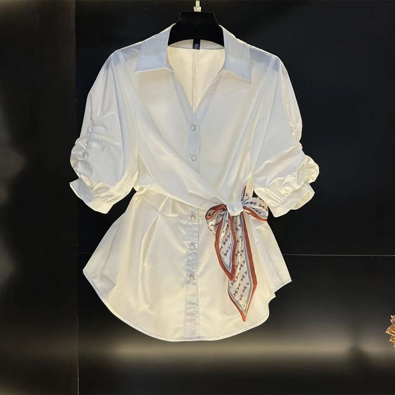 Women's Clothing New Arrivals Short Sleeved Shirt Waist Scarf Top White Women's European Temperament All Match Three Quarter Sleeve Shirt_ecoleips.com