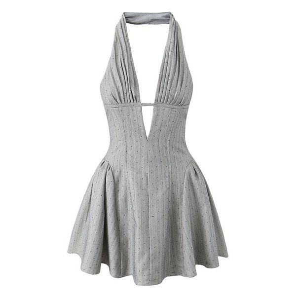 Deep V Rhinestone Halter Neck Waist Cinched Pleated Flared Mini Dress Women Spring Summer Party Short Dress_ecoleips.com