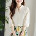 K V-neck White Blouse For Women With Seven-eighths Sleeves, New Embroidered Top With A Mature Temperament And A Light Shirt_ecoleips.com