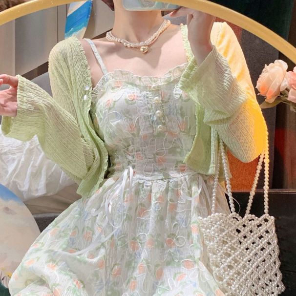 Plus Size Women's Mori Style First Love Strap Thin Sunscreen Cardigan Slimming Dress Two-Piece Set_ecoleips.com