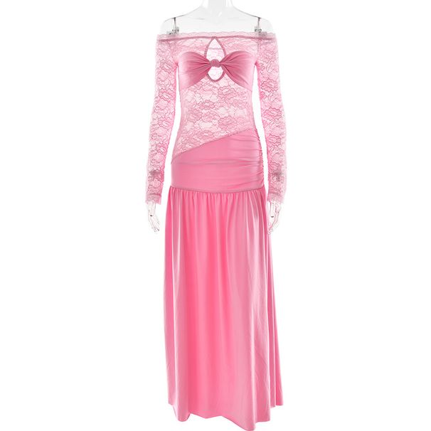 Women's Clothing Summer New Hot Sale One Shoulder Lace Long Skirt Sexy High Slit Pleated Dress Female_ecoleips.com