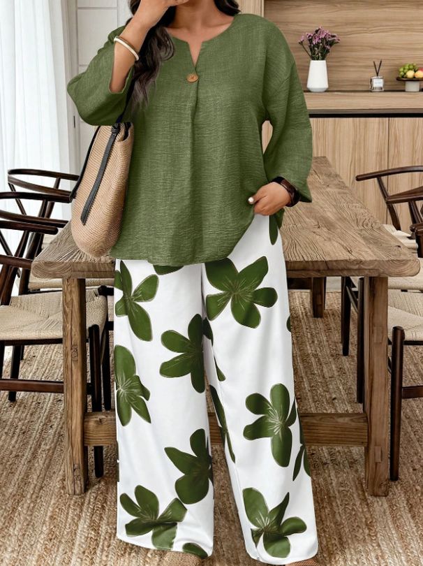 Plus Size Casual Floral Print Lounge Set - Comfortable Elastic Waist Pants & Short Sleeve Top (Army Green, 1XL-4XL)_ecoleips.com