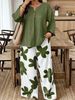 Plus Size Casual Floral Print Lounge Set - Comfortable Elastic Waist Pants & Short Sleeve Top (Army Green, 1XL-4XL)_ecoleips.com