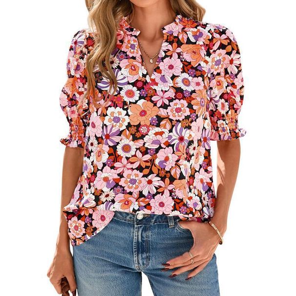 Women's Casual Floral Shirt V Neck Puff Short Sleeve Spring Summer Fashion Bohemian European American Style Top_ecoleips.com