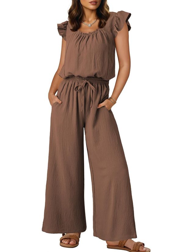Women's Clothing Women's Pleated Square Neck Jumpsuit Sleeveless Ruffle Sleeves Pockets Solid Color Style Spring Summer_ecoleips.com
