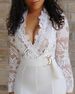 Women's sexy deep v white see-through lace splicing jumpsuit _ecoleips.com