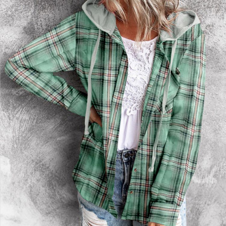 Women's Clothing Casual Hooded Plaid Shirt Jacket With Color Block Design - Stylish & Comfortable Long Sleeve Top For Streetwear & Everyday Wear_ecoleips.com