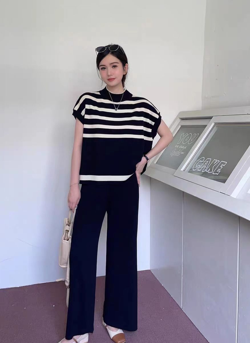New Design Color Block Striped Knitwear Loose Sleeveless Women's Fashionable Transparent Korean Style Casual Set Polyester Blend_ecoleips.com