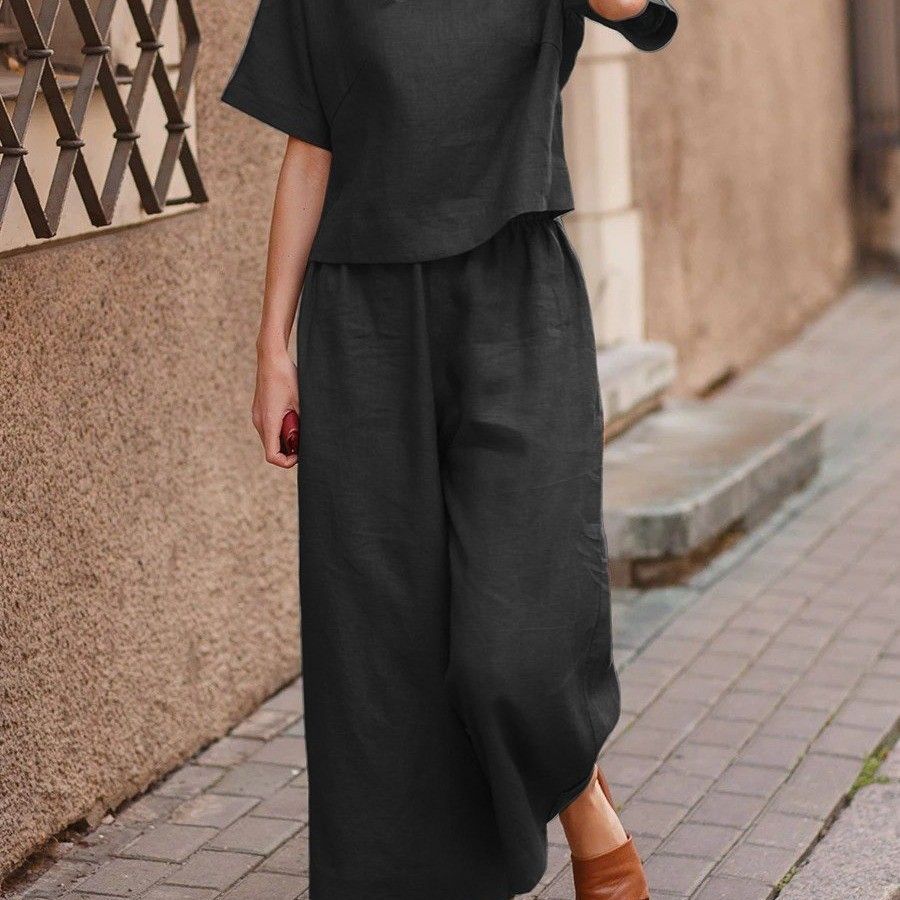plus Size Casual Sportswear Set Loose Fitting Short Sleeved Solid Color Fashion For Spring And Autumn_ecoleips.com