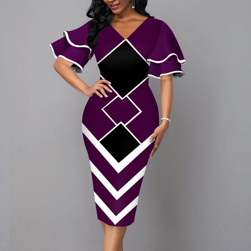 Elegant Women Dress 2021 Summer Fashion V Neck Short Sleeve Sexy Slim Dress Vintage Patchwork Casual Lady Party Dresses Vestido_ecoleips.com