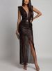 Elegant Hight Waist Solid Party Dress Women Casual Sleeveless Sequined Cocktail Dress 2026 Sexy Deep V-neck Split Evening Dress_ecoleips.com