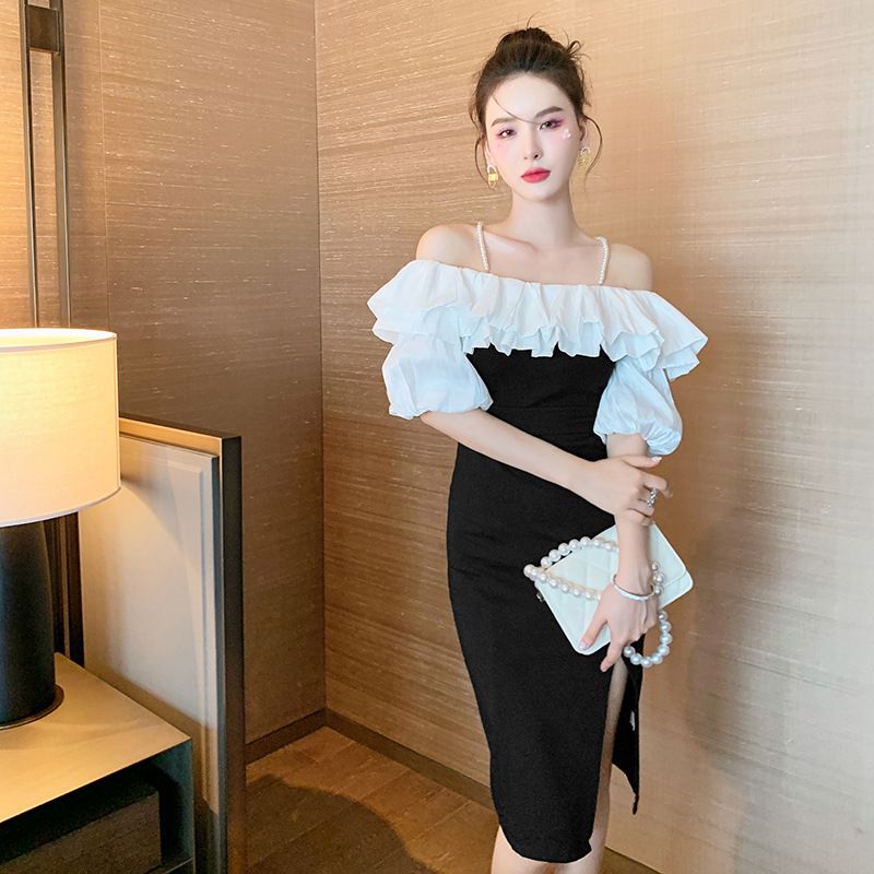 Black off the Shoulder Ruffle Dress Women's Fitted Bodice Lantern Sleeves Banquet Birthday Summer Party Wear Regular Size_ecoleips.com