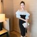 Black off the Shoulder Ruffle Dress Women's Fitted Bodice Lantern Sleeves Banquet Birthday Summer Party Wear Regular Size_ecoleips.com