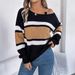 Contrasting Striped Lantern Sleeve Metal Buckle Off-Shoulder Pullover Sweater Women's Clothing_ecoleips.com