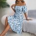 Women's Clothing Spring And Summer Floral Square Neck Short Sleeve Waist Ruffled A Line Skirt_ecoleips.com