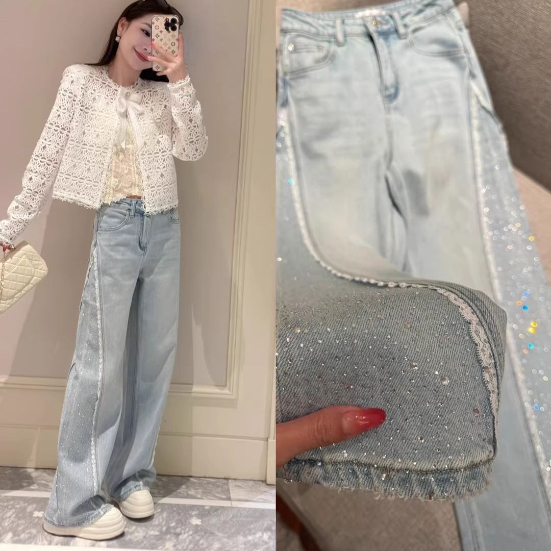 Spring New Women's Rhinestone Studded Vintage Washed Jeans European Style Heavy Duty Loose Fit Slimming Straight Leg Pants_ecoleips.com