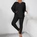 Women's Casual Ribbed Long Sleeve Top & Pants Set - Soft Stretch Polyester Blend, Comfortable Loungewear, Plus Size Available_ecoleips.com